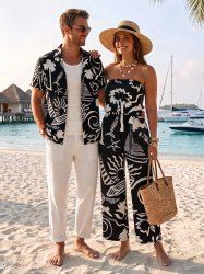 Coconut Tree Sun Sailboat Print Matching Hawaii Beach Outfit For Couples -  