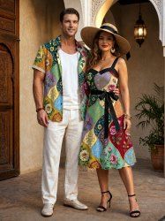 Flower Colorblock Print Matching Hawaii Beach Outfit For Couples -  