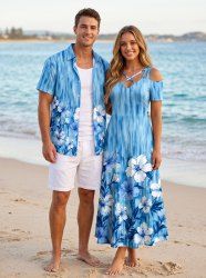Flowers Leaf Ombre Print Matching Hawaii Beach Outfit For Couples -  