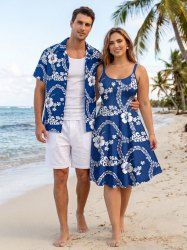 Hibiscus Flower Tropical Leaf Branch Print Matching Hawaii Beach Outfit For Couples -  