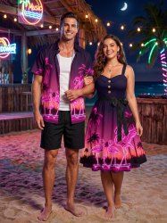 Neon Coconut Tree Flamingo Skateboard Ombre Galaxy Print Matching Hawaii Beach Outfit For Couples -  