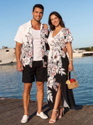 Flower Leaf Branch Print Matching Hawaii Beach Outfit For Couples -  