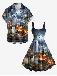 Ensemble assorti pour couples à imprimé Halloween citrouille, fantôme, toile d'araignée et chauve-souris - Gris Clair 