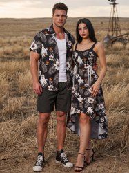 Halloween Tropical Leaf Hibiscus Flower Ghost Print Matching Outfit For Couples -  