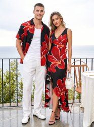 Flowers Print Matching Hawaii Beach Outfit For Couples -  