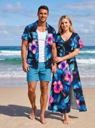 Hibiscus Flower Leaf Print Matching Hawaii Beach Outfit For Couples -  
