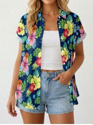 Women's Tropical Leaf Hibiscus Flower Print Hawaii Button Shirt -  