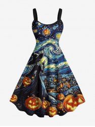 Halloween Pumpkin Moon Swirl Wizard Print Tank Dress(Adjustable Shoulder Strap) -  