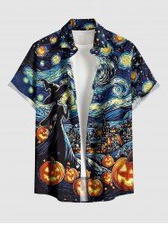 Halloween Pumpkin Moon Swirl Wizard Print Buttons Pocket Shirt For Men -  