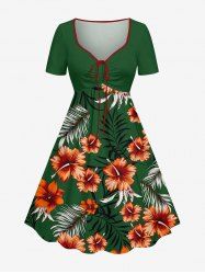Hibiscus Flower Tropical Leaf Print Cinched Hawaii Dress -  