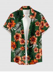 Hibiscus Flower Tropical Leaf Print Buttons Pocket Hawaii Shirt For Men -  