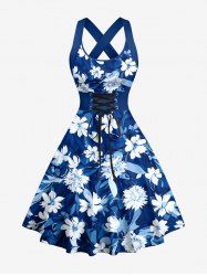 Flowers Leaf Print Crisscross Straps Bowknot Hawaii Tank Dress -  