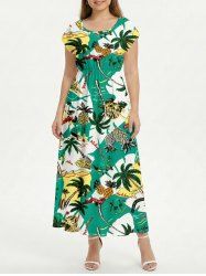 Coconut Tree Pineapple Tropical Leaf Print Drop Shoulder Hawaii Midi Dress -  