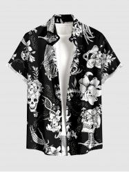 Skulls Skeleton Flower Butterfly Print Button Pocket Shirt For Men -  