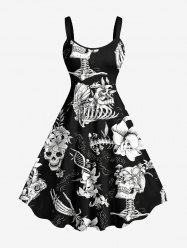 Robe trapèze à imprimé crânes, squelettes, fleurs et papillons - Noir S