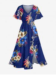 Robe midi trapèze hawaïenne à imprimé fleurs, feuilles et branches, avec poches fendues - Cadetblue XXS