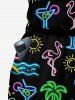 Tenue de plage hawaïenne assortie pour couple avec imprimé néon pailleté cocotier et jus de flamant rose - Noir 
