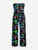 Combinaison hawaïenne à poches avec imprimé pailleté néon cocotier et flamant rose, ceinture et bretelles amovibles - Noir XS