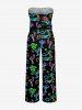 Combinaison hawaïenne à poches avec imprimé pailleté néon cocotier et flamant rose, ceinture et bretelles amovibles - Noir XS