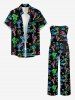 Glitter Neon Coconut Tree Flamingo Juice Print Hawaii Pocket Jumpsuit with Removable Belt and Shoulder Strap -  