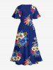 Robe midi trapèze hawaïenne à imprimé fleurs, feuilles et branches, avec poches fendues - Cadetblue XXS