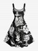 Robe trapèze à imprimé crânes, squelettes, fleurs et papillons - Noir S