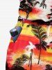 Coconut Tree Colorful Sky Print Pocket Hawaii Jumpsuit With Removable Belt and Shoulder Straps -  