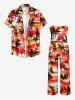Coconut Tree Colorful Sky Print Pocket Hawaii Jumpsuit With Removable Belt and Shoulder Straps -  