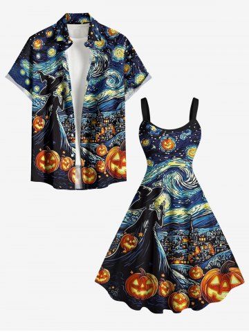 Tenue assortie pour couple avec imprimé sorcier Halloween à la citrouille et à la lune tourbillonnante