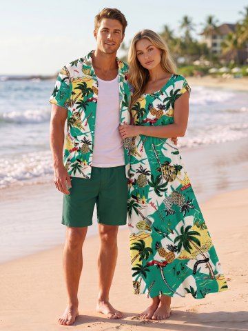 Tenue assortie de plage hawaïenne imprimé cocotier, ananas et feuilles tropicales pour couples