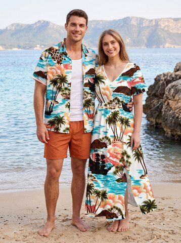 Coconut Tree Flower Sea Sailboat Print Matching Hawaii Beach Outfit For Couples