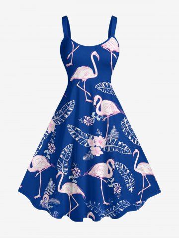 Flamingo Flowers Tropical Leaf Print Hawaii Tank Dress(Adjustable Shoulder Strap) - BLUE - XXS