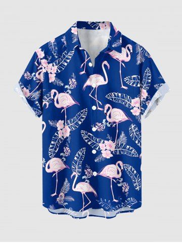 Flamingo Flowers Tropical Leaf Print Buttons Pocket Hawaii Shirt For Men - BLUE - 6XL