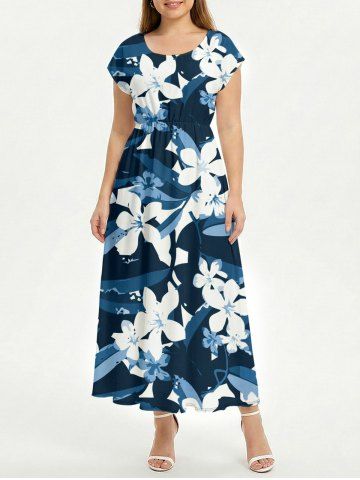 Robe midi hawaïenne à épaules tombantes, imprimé fleurs et feuilles - PEACOCK BLUE - 3X