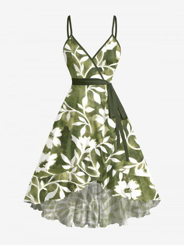Flower Leaf Tie Dye Print Ruffles Tulip Hem Surplice Hawaii Beach Cover Dress With Belt