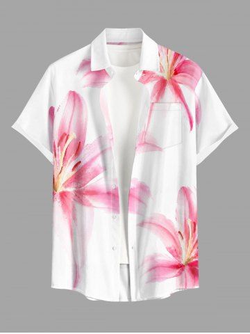 Flowers Watercolor Print Buttons Pocket Hawaii Shirt For Men - PINK - L