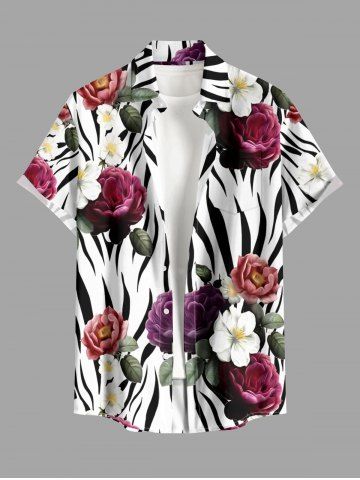 Zebra Striped Flower Leaf Print Hawaii Button Pocket Shirt For Men - WHITE - 3XL