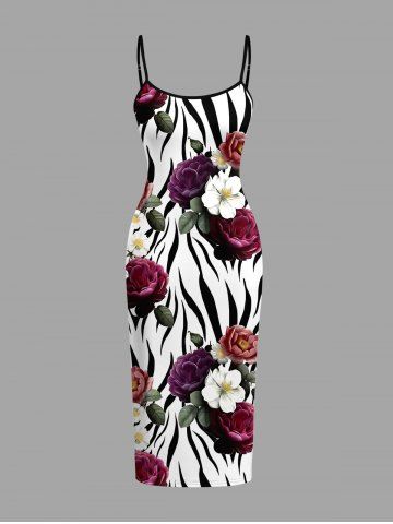 Zebra Striped Flower Leaf Print Hawaii Dress - WHITE - XXS