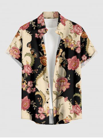 Chemise hawaïenne pour homme à imprimé fleurs et feuilles, style colorblock, avec boutons et poche - LIGHT COFFEE - 6XL