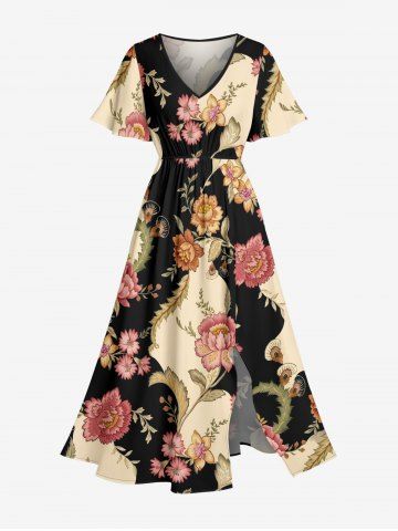 Robe midi hawaïenne surplice à imprimé colorblock fleurs et feuilles