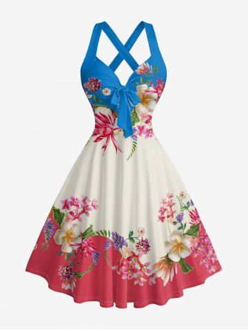 Robe débardeur hawaïenne à imprimé fleurs et feuilles, blocs de couleurs, bretelles croisées et nœud - ROSE RED - L