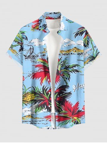Coconut Tree Flowers Boat Print Buttons Pocket Hawaii Shirt For Men - LIGHT BLUE - 5XL