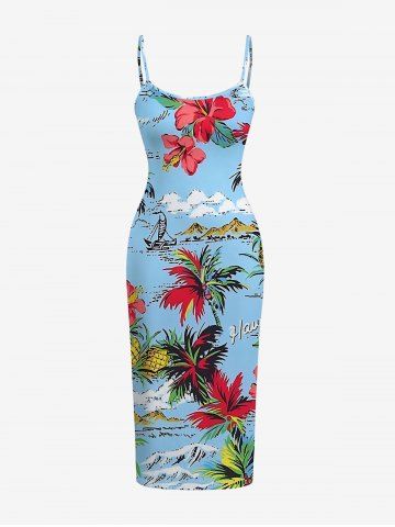Robe ajustée hawaïenne à imprimé cocotiers, fleurs et bateaux - LIGHT BLUE - 5X