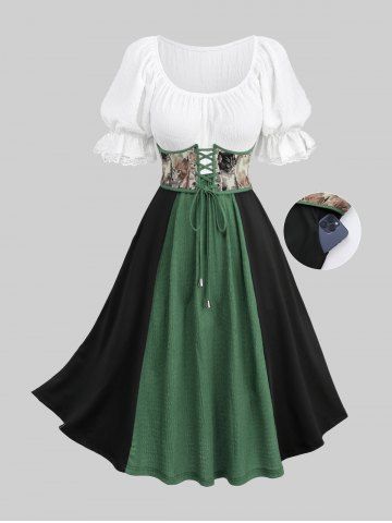 Robe grande taille médiévale Renaissance à lacets, œillets, corset, volants et dentelle