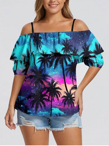 Coconut Tree Ombre Galaxy Print Hawaii Ruffles Cold Shoulder Blouse - TURQUOISE - XL