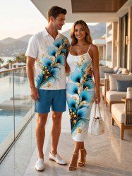 Flower Leaf Metallic Print Matching Hawaii Beach Outfit For Couples -  