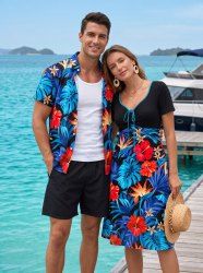 Hibiscus Flower Tropical Leaf Print Matching Hawaii Beach Outfit For Couples -  