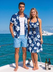 Flowers Leaf Print Matching Hawaii Beach Outfit For Couples -  