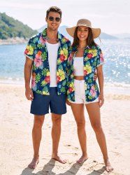 Tenue assortie de plage hawaïenne à imprimé feuilles tropicales et fleurs d'hibiscus pour couples - Vert 