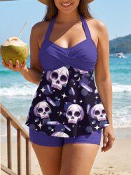 Skulls Diamond Light Spot Print Twist Halter Boyleg Tankini Swimsuit -  